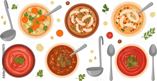 Creamy Soup Bowl Collection with Tomato Soup, Mushroom Soup, Vegetable Soup, Carrot Soup, and Ladles Homemade Comfort Food Vector Illustration Set