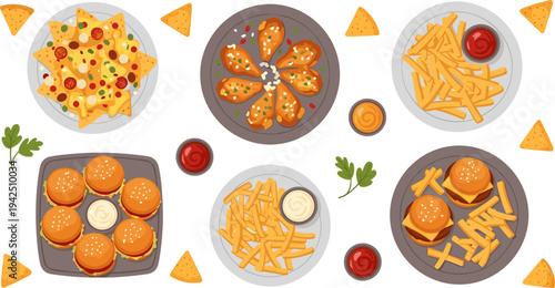 Fast Food Snack Meal Collection with Cheeseburgers, French Fries, Nachos, Chicken Wings, Dipping Sauces, and Crispy Restaurant Street Food Vector Illustration Set