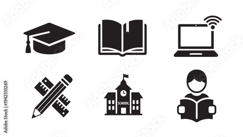 Education icons with graduation cap, open book, laptop, pencil and rulers, school building, and student reading.