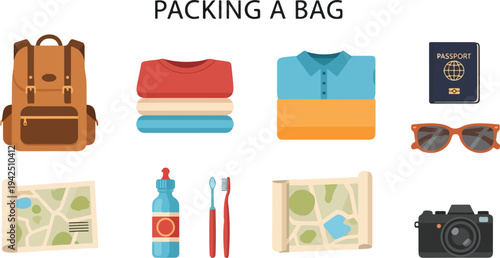 Items displayed for packing backpack clothes passport sunglasses map water bottle toothbrush camera