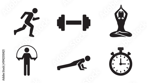 Exercise icons set with a runner, dumbbell, yoga, jump rope, push-up, and stopwatch for fitness. featuring workout, running, man with running man and