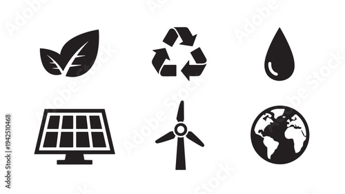 Icons representing natural resources and sustainable energy such as leaves, recycling, water drop, solar panel, wind turbine, and the earth.