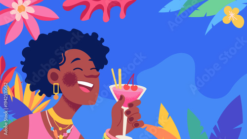 Summer Party Poster. Happy black girl with a cocktail and tropical leaves. Vector background for text, invitations, discounts
