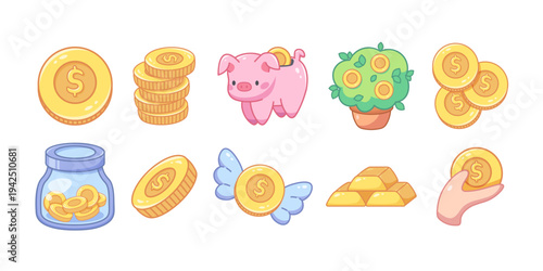 Set of financial and monetary icons with gold coins. Symbols of savings, accumulation, exchange. Vector elements for applications, cozy games, children