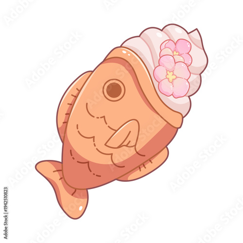Japanese dessert Taiyaki, fish shaped pastry filled with ice cream. Traditional Asian sweet for the Hanami festival