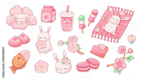 Cute spring stickers for the cherry blossom festival, hanami, and spring festival. Cute rabbits with flowers in Japanese and Korean style