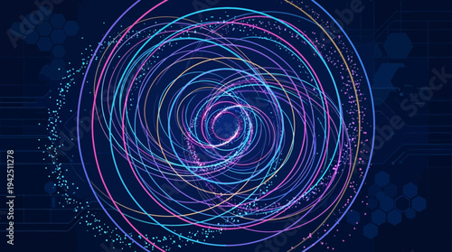 Abstract Swirling Vortex of Colorful Light Trails on Dark Blue Background
