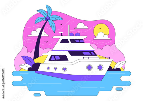 Luxury Yacht Tropical Sunset Seascape Vector Illustration With Ocean Waves, Palm Trees, Summer Vacation Beach Scene, Colorful Marine Travel Design