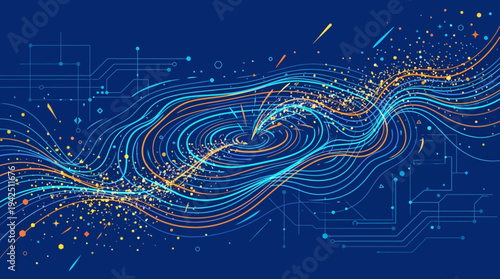 Abstract Digital Art: Swirling Blue and Orange Lines, Particles, and Circuitry on Dark Blue Background