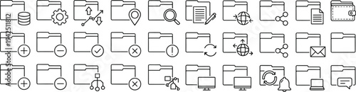 Collection of folder and file management line icons representing data storage, document organization, cloud computing, network sharing and digital workflow system concept