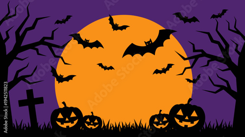 Spooky Halloween Night Background with Jack-O-Lanterns, Bats, and Full Moon Vector Illustration