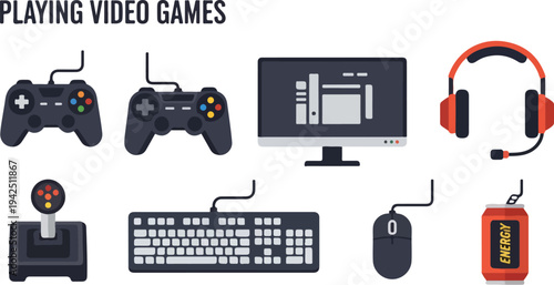 The image displays gaming equipment including controllers a monitor headphones a joystick keyboard mouse and an energy drink