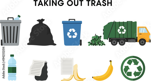 The image displays taking out trash with a trash can bag recycling bin truck bottle paper peel banana and symbol