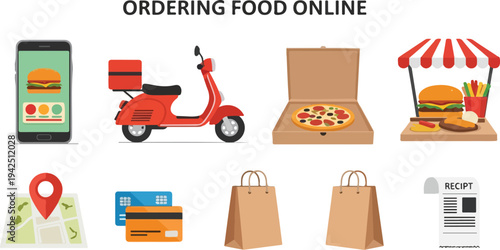 The image features a smartphone displaying a burger a scooter a pizza box and a food stall with food along with a map credit cards shopping bags and a receipt
