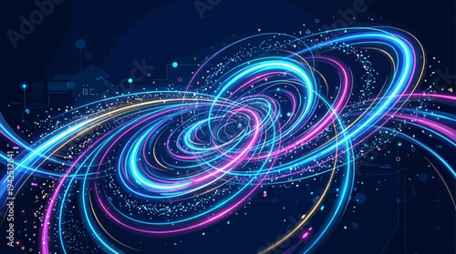 Abstract swirling neon light trails, cosmic energy, digital data flow, futuristic background
