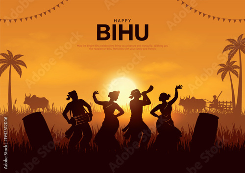 Vector illustration of Happy Bihu, Assamese New Year, Indian traditional festival, people dancing silhouette. Harvest festival of Assam.