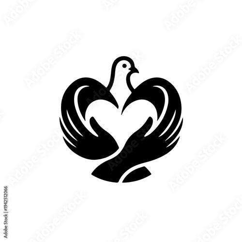 Minimalist black and white pigeon icon with wings curved into a warm embrace, symbolizing peace, love, and protection