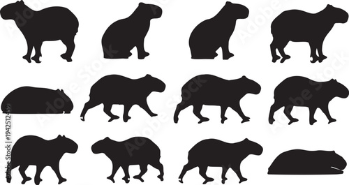 Set of 12 Capybara Silhouettes Vector Collection in Various Poses, Ideal for Wildlife Graphics, Animal Logos, and Nature-Themed Designs