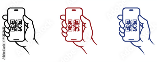 Smartphone QR Code Scanning Icon Set with Hand Holding Mobile Phone Symbols Vector Illustration.