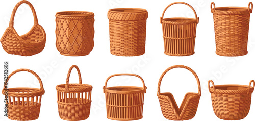 Wicker baskets collection with handmade woven rattan containers, rustic storage baskets vector illustration set