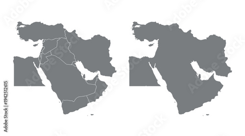Middle East Map with Country Borders and Solid Silhouette Illustration, Grey Regional Geography Graphics Isolated on White