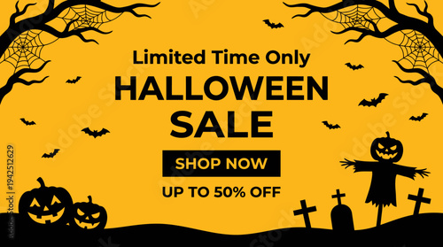 Spooky Halloween Sale Banner Design with Pumpkin Silhouettes, Bats, and Graves on Orange Background for Promotional Marketing
