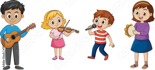 Cartoon kids playing musical instruments, singing, performing music, happy children band, school concert, fun illustration, joyful musical performance