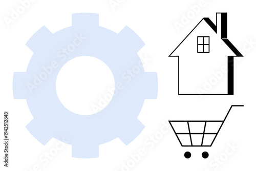 Industry, home automation, e-commerce, innovation, real estate, smart systems. Gear symbol, house and shopping cart icons on a white background. Industry and home automation