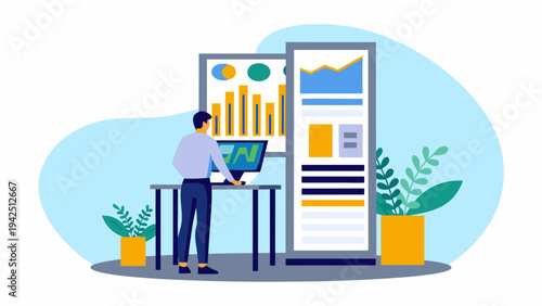 Businessman analyzing data on large screens in modern office