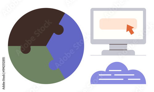 Global operations, technology integration, data storage, cloud innovation, digital connections, interactive systems. Puzzle globe, cloud symbol and computer screen with pointer. Global operations