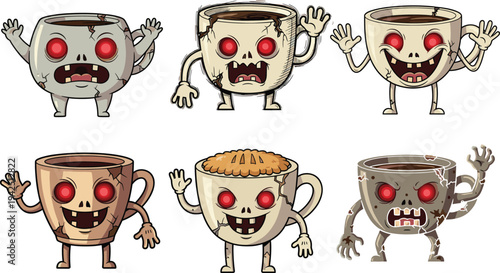 Creepy zombie coffee mugs, scary cartoon tea cups, spooky halloween drink characters, horror cup illustration with red glowing eye