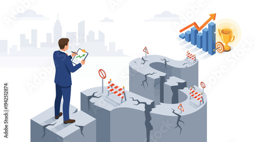 Businessman Planning Strategy to Overcome Business Obstacles and Financial Challenges on Path to Success and Growth