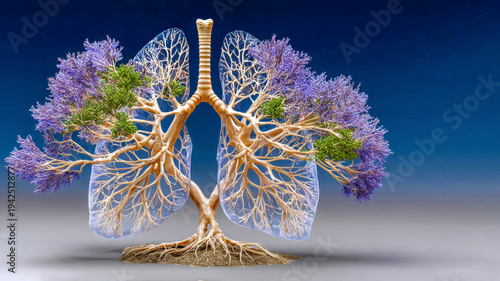 Nature and breath unite in a breathtaking artwork showcasing lungs as a tree with vivid purple blooms and green leaves, symbolizing life and vitality in harmony with the environment