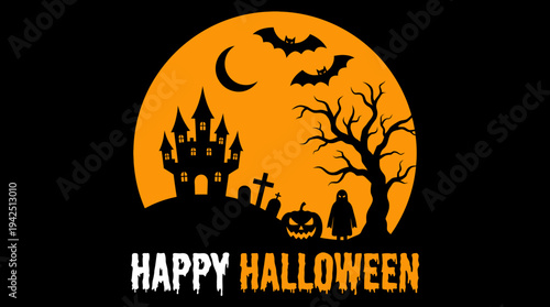 Happy Halloween Illustration with Spooky Silhouette of Haunted Castle, Bats, Graveyard and Moon on Black Background