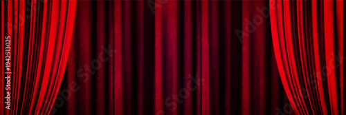 Realistic vector depiction of opened deep scarlet theatre curtains. Perfect bg for Broadway shows or circus acts featuring intricate pleating. Rich velvet texture, and elegant gradient shading.
