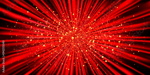 A red bg with gold glitter decor of a tent with radial folds. A room's fabric ceiling is decorated in a circus style. Vector illustration with gradient mesh and overlay effects. Abstract background.