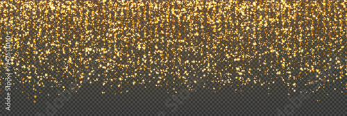 Abstract golden glittering starfall bg. Sparkling twinkles in luxurious metallized sequins with strass design and glow. Elegant metallic falling shimmer particles over deep dark surface.
