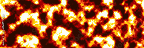 Big bang seamless or flaming solar photosphere bg. Aerial abstract background of flowing lava in vibrant hues of yellow, red and black. Fiery hot spots of the magma surface. Dynamic fluid fire texture