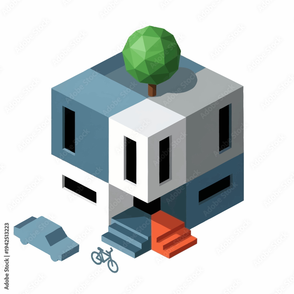 Obraz premium Modern 3D Isometric House with Tree and Vehicle.