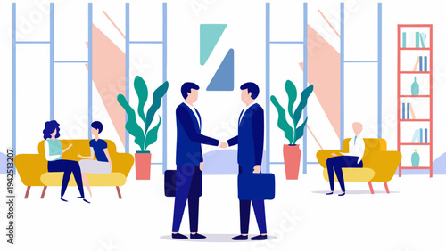 Businessmen shaking hands in modern office lobby with coworkers