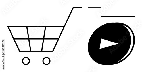 Online shopping, digital commerce, multimedia marketing, ecommerce, video advertising, consumer interaction. Shopping cart with play button icon indicating multimedia and ecommerce integration