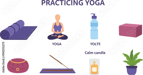 Visual representation yoga mat person water bottle block meditation cushion incense candle plant