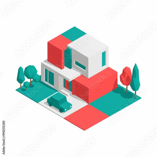Modern 3D Isometric House with Garage and Garden.