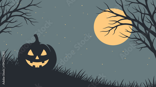 Spooky Halloween background with glowing jack-o-lantern pumpkin under a full moon in a dark forest at night