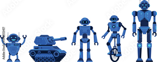 Blue robot characters and robotic machines collection, futuristic technology robots and AI machines vector illustration set