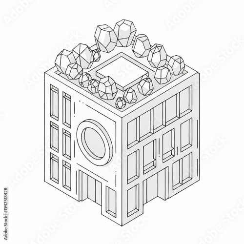 Isometric illustration of a washing machine with gems on top.