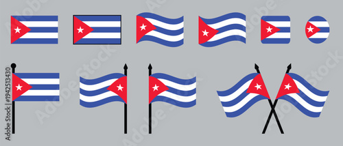 Cuba National Flag Set Waving, Round, Square, and Pole Icons Collection Vector Illustration.