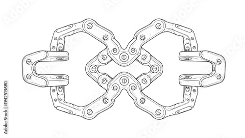 A detailed illustration of interconnected bicycle chain links forming a complex knot on a plain white background, highlighting metal hardware and engineering.