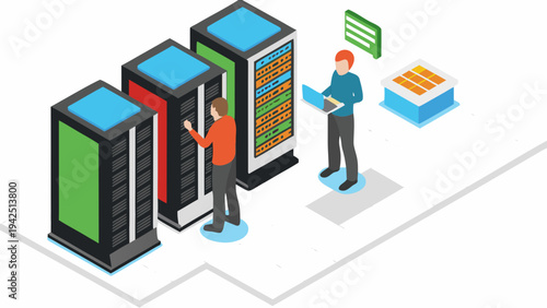 Two technicians working on large server computers in data center