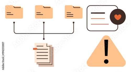 Data organization, information security, digital filing, workflow optimization, document storage, and risk management. Connected folders, documents alert symbol and heart icon. Data management